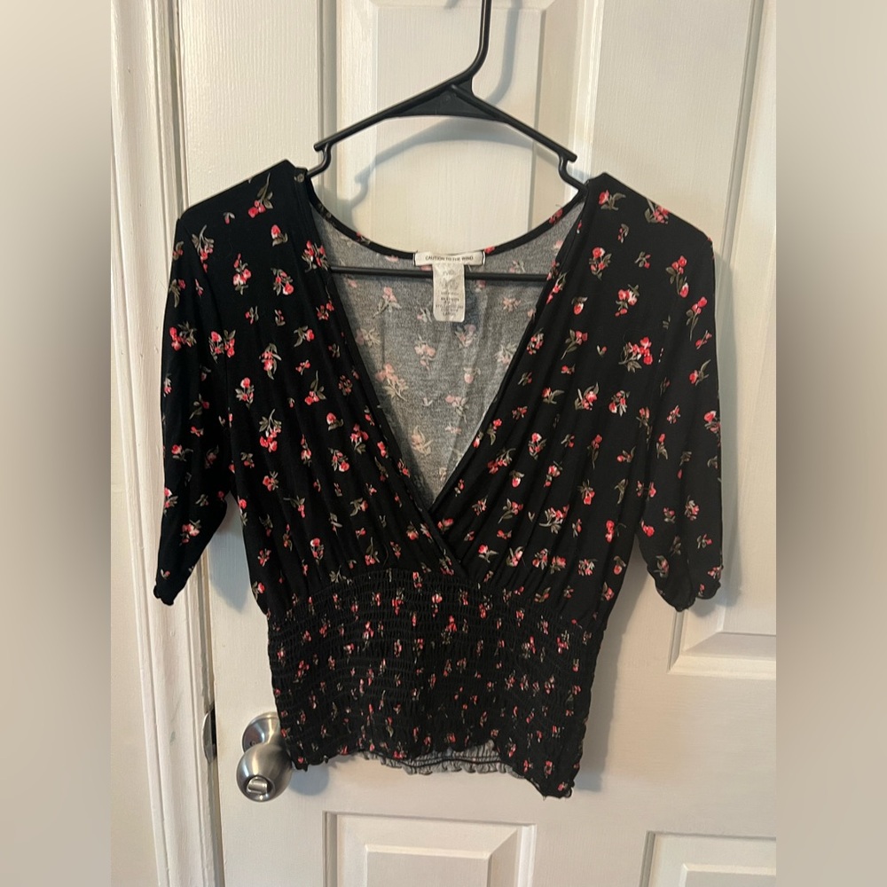 Caution To The Wind Black and Red Fitted Wrap Blouse